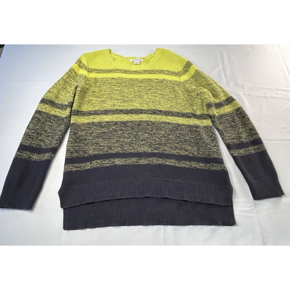 Liz Claiborne XL Lime Green Striped Knit Sweater Cotton Cozy Modern Classic
